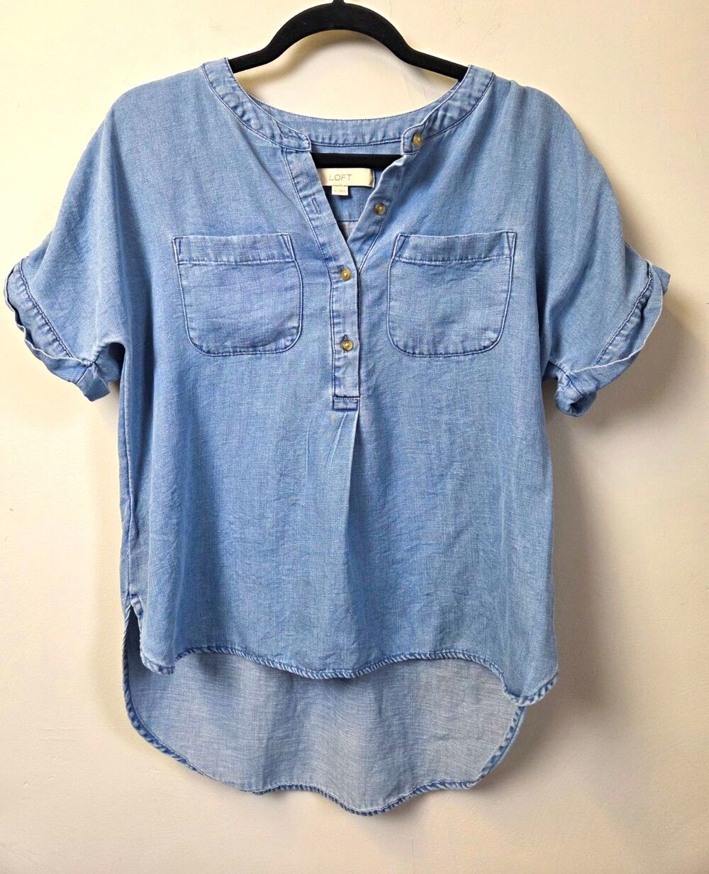 LOFT Blue Chambray Button Front Short Sleeve Blouse Size XS